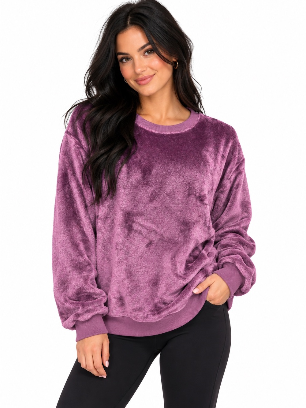 Gaiam Plush Crewneck Fleece Sweatshirt in Mauve - Cozy Lounge Scoop/ Crew XL